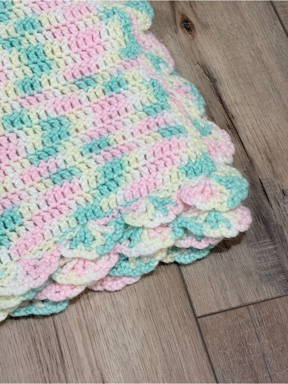 Vintage Crochet Baby Blanket Pastel Cottagecore Handmade Knit Throw Pink Yellow - Picture 2 of 6